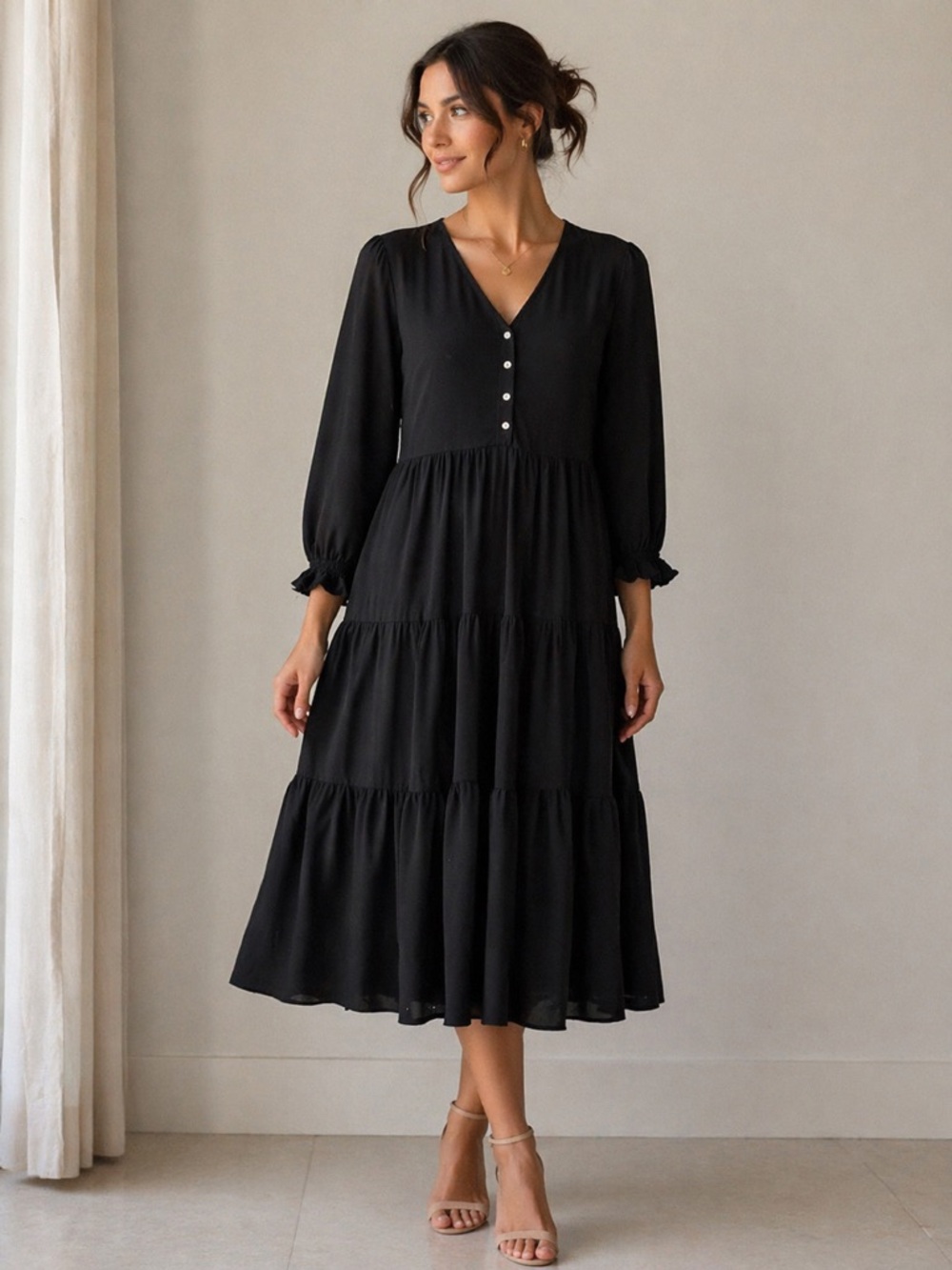 Women's Black Tiered V-Neck Maxi Dress with Button Detail